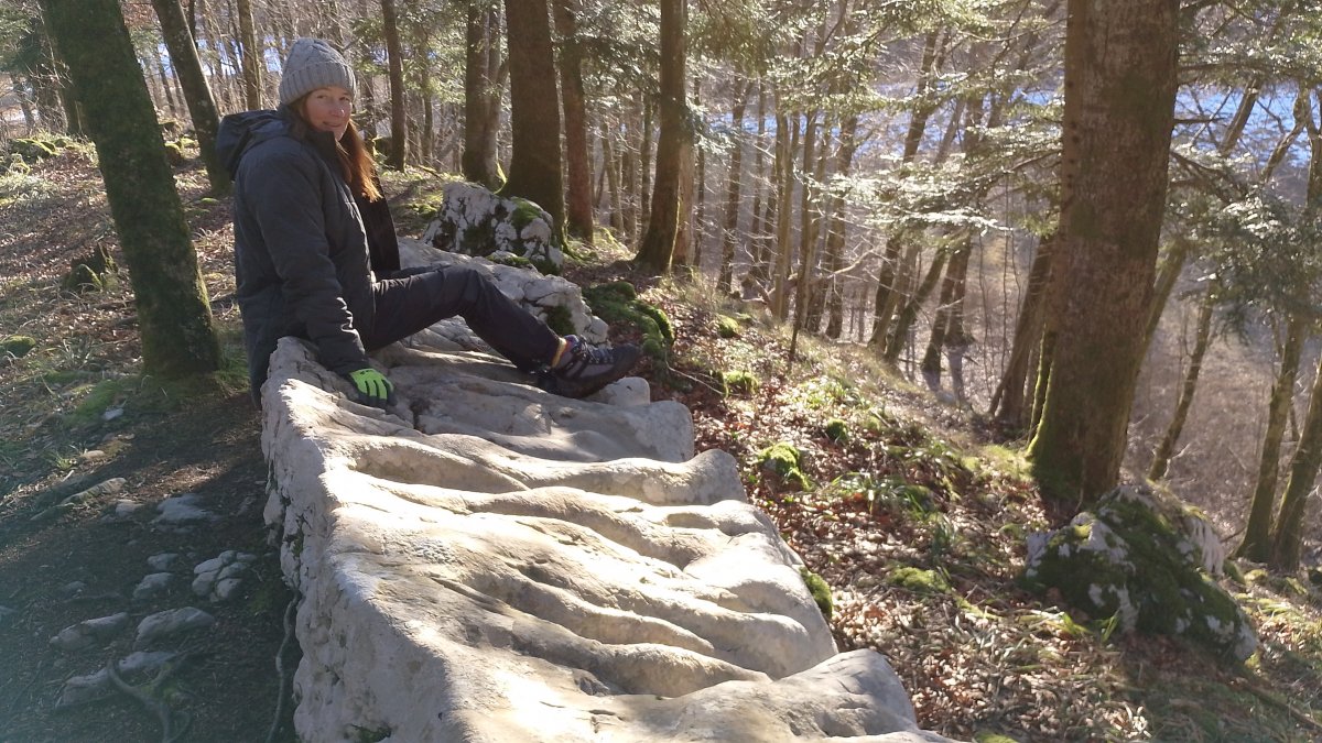 A handy Karst rock seat on in the Rakov Skocjan nature park.. A handy Karst rock seat on in the Rakov Skocjan nature park..