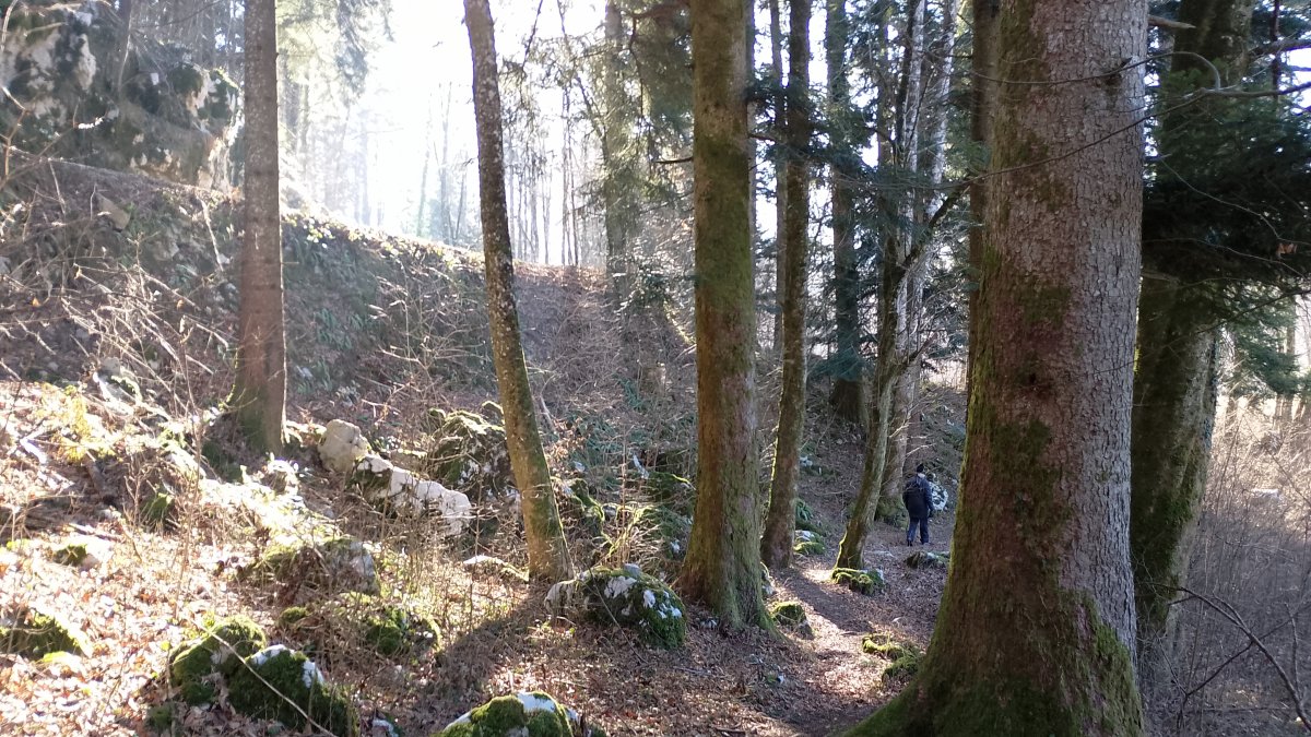 Going upriver here and see the road high above on the left..