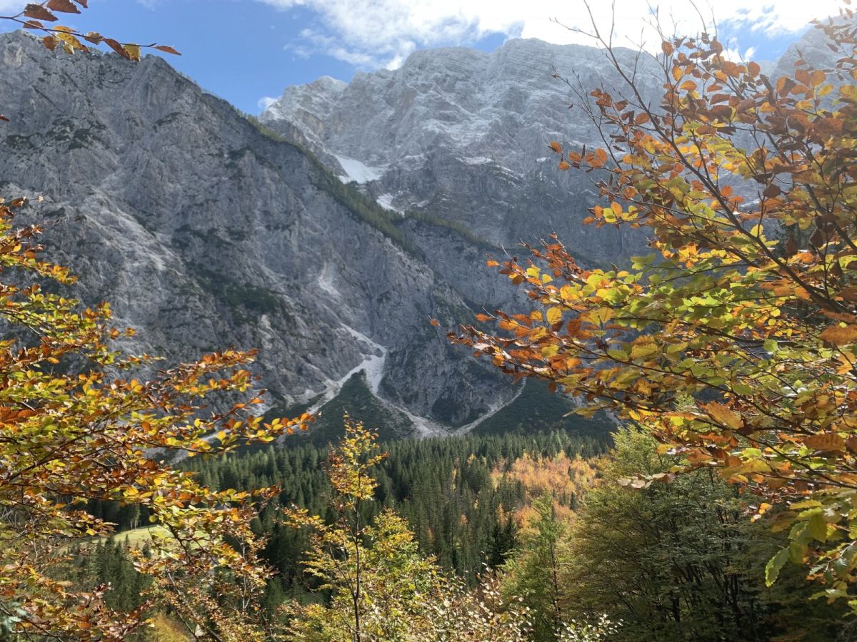 climbing up to a waterfall in the Julian Alps..