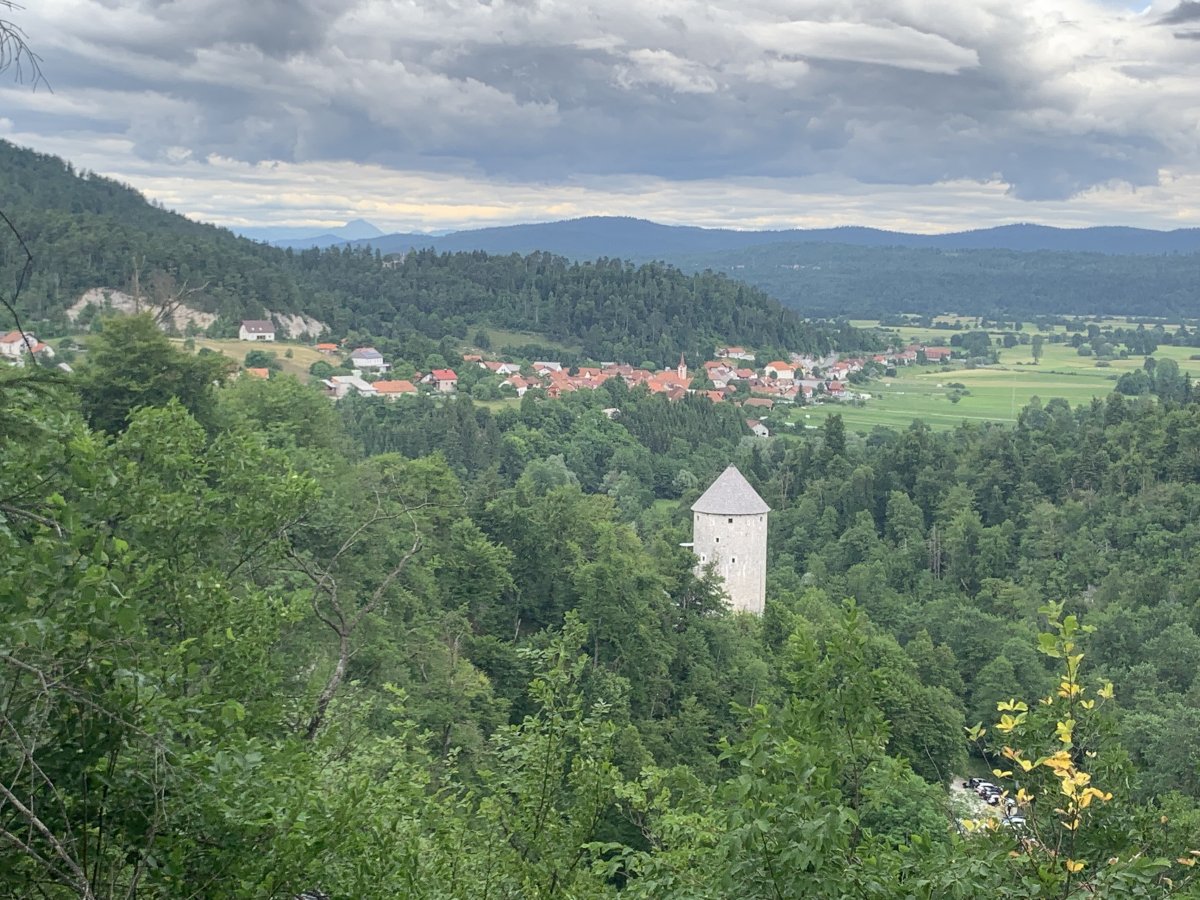 E Bike up to this view of Rapunzel tower and first part of the lake by Planina..