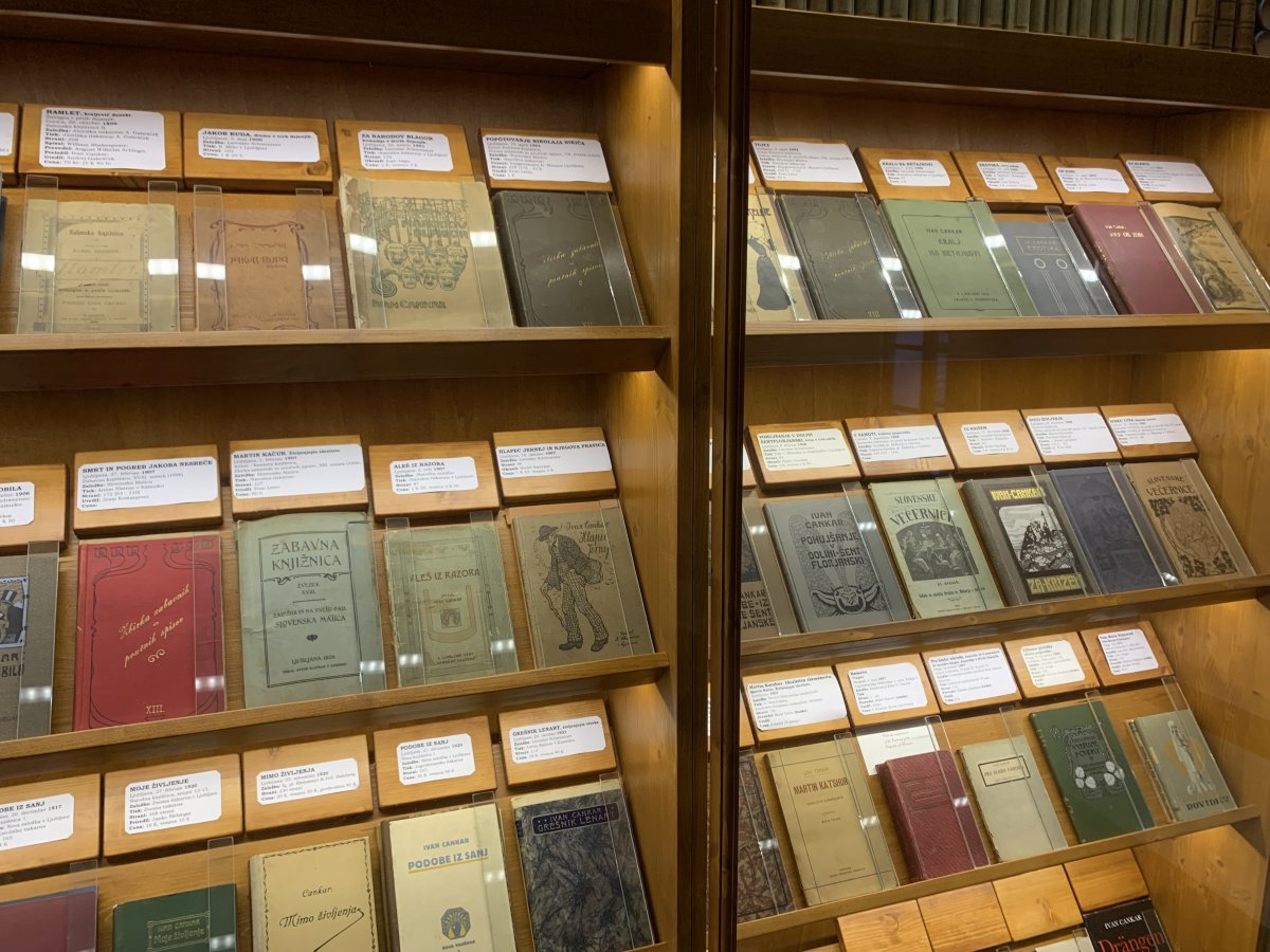 Collection of Ivan Cankars' books at the museum, we saw one translated into English and a few others in German..