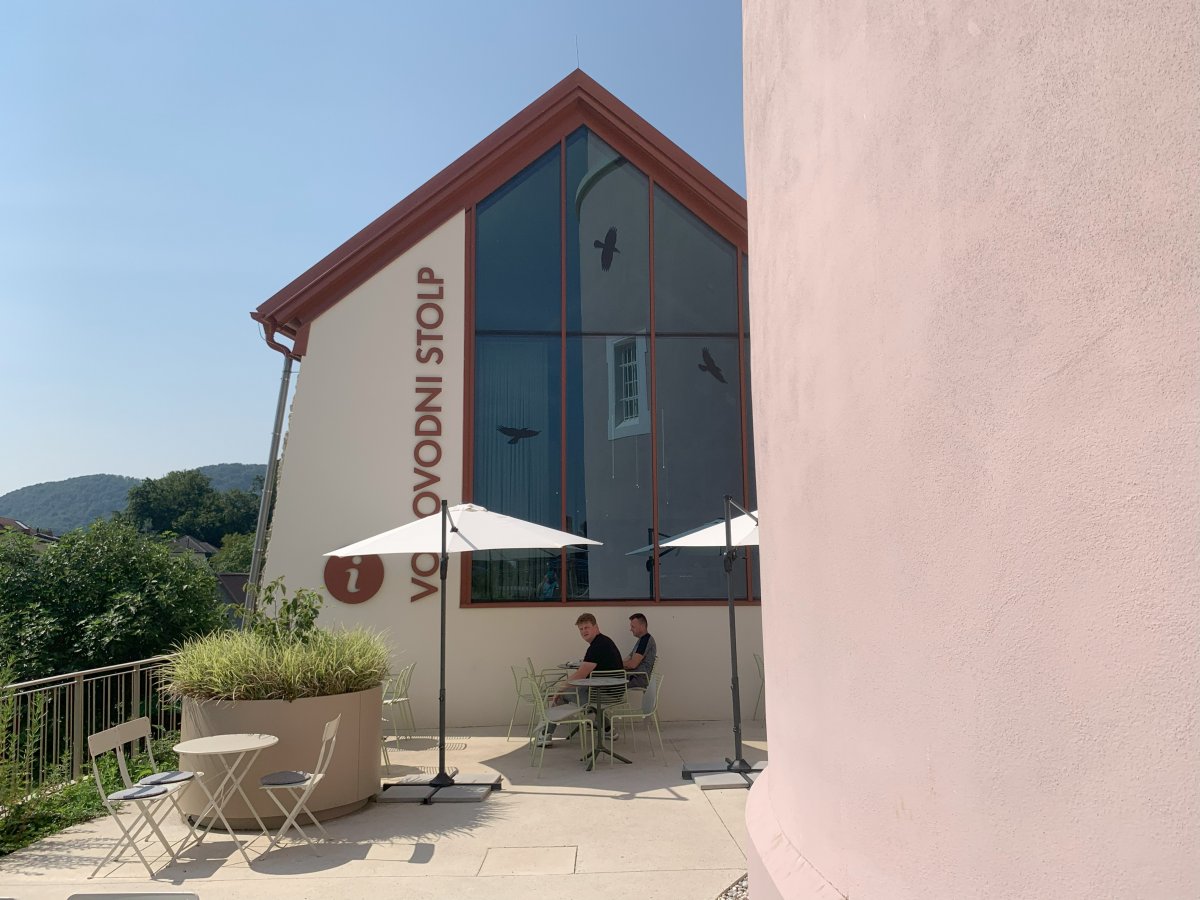 there is a little modern cafe and ticket office at the base of the tower..